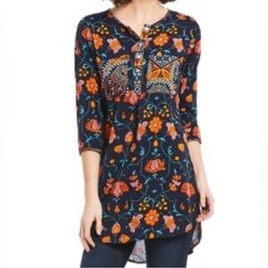 Anthropologie Fig and Flower Multicolor Floral Tunic Top Women’s M 3/4 sleeves